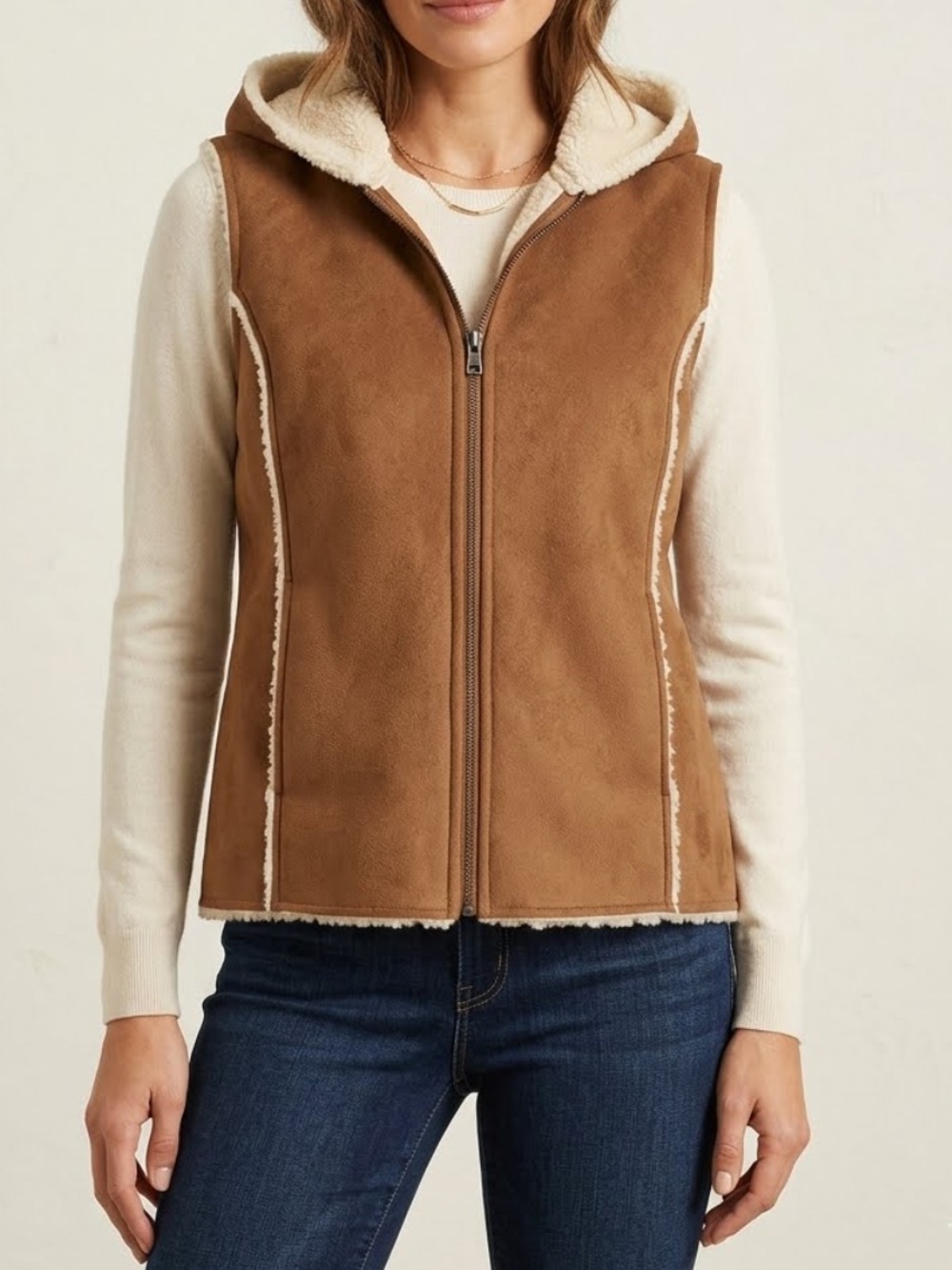 LAUREN RALPH LAUREN Faux Suede Vest Sherpa Lined Hooded Shearling 1X